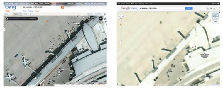 This combination of screen captures shows maps of the Buffalo, N.Y. airport available on the Bing website, left, and Google maps services website on Aug. 18, 2011. In the post-9/11 world, the blurred image of this and other sites is the product of New York state's homeland security apparatus. (AP Photo)
